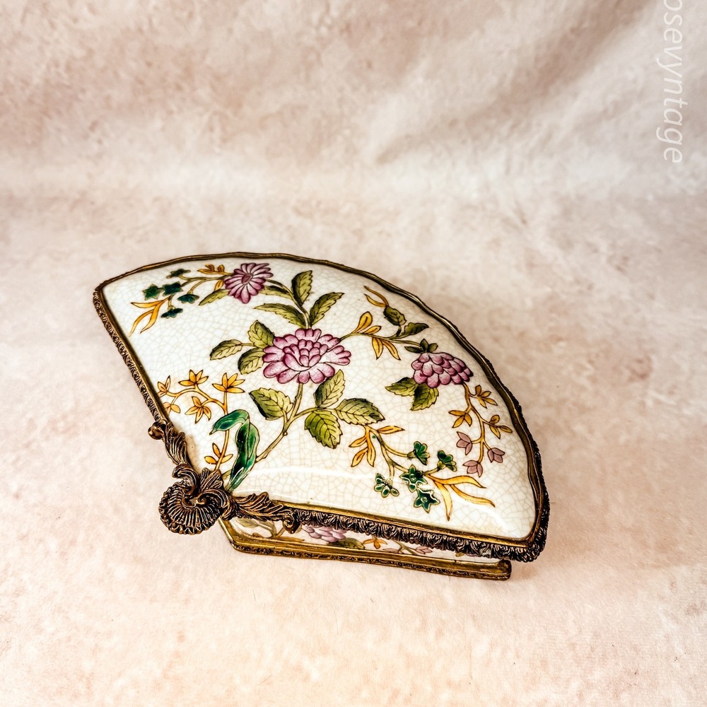 Fan Shaped Brass and Porcelain Floral‎ Dish